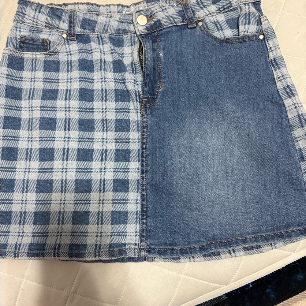 Blue Plaid and Denim Skirt